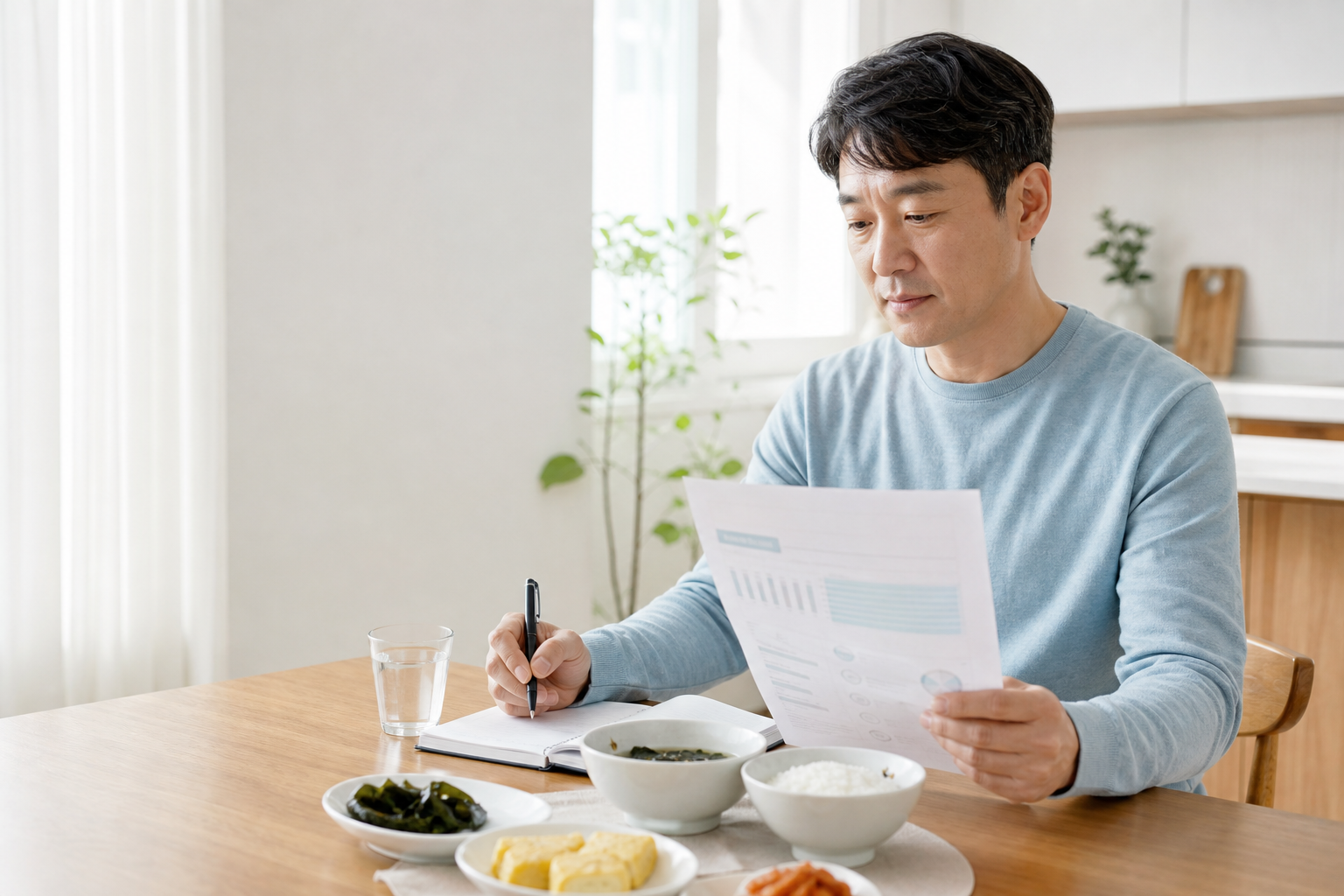 건강검진 결과표에서 공복혈당 수치를 확인하며 생활 습관을 기록하는 중년 남성